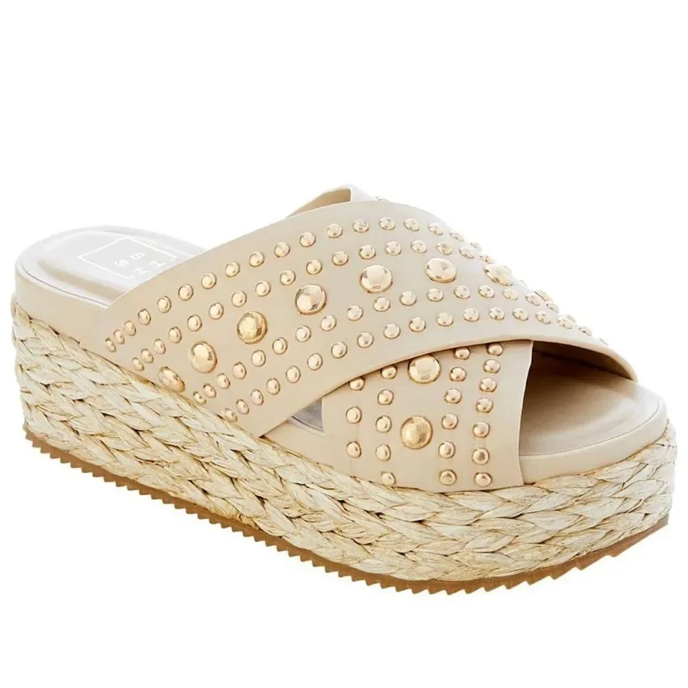 Shu Shop Kaia Beige Studded Platform Espadrille Sandals Size 10 NWT
